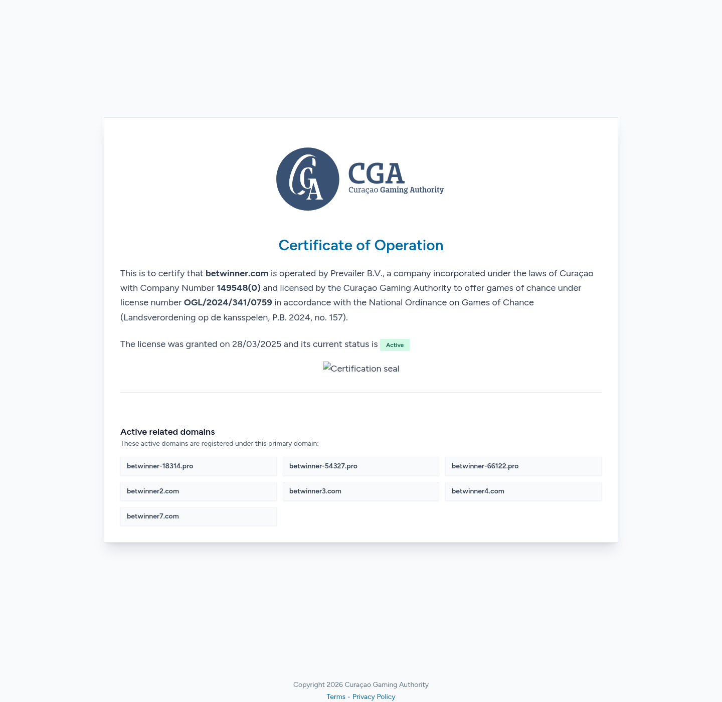 Certificat CGA de betwinner.com au nom de Prevailer B.V.