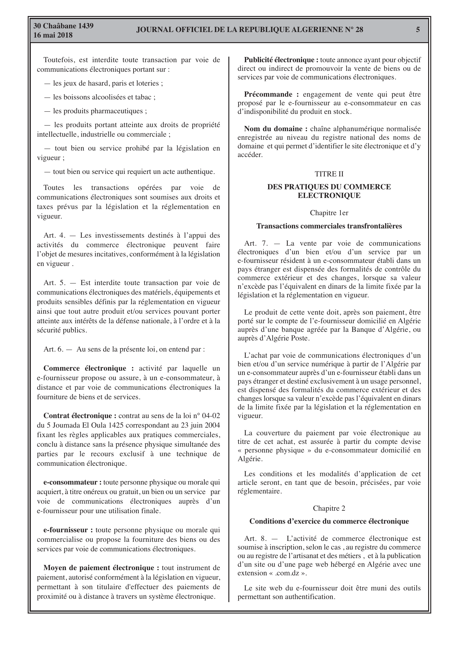 Page 5 du Journal officiel algérien contenant la loi 18-05