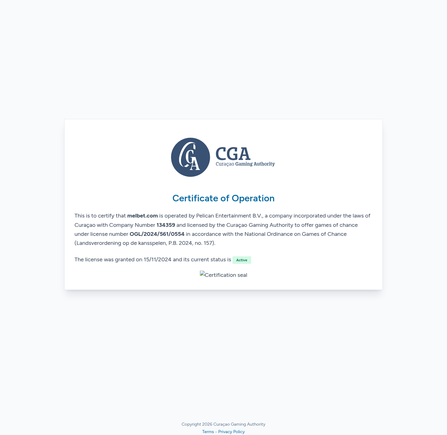 شهادة CGA للنطاق melbet.com باسم Pelican Entertainment B.V.
