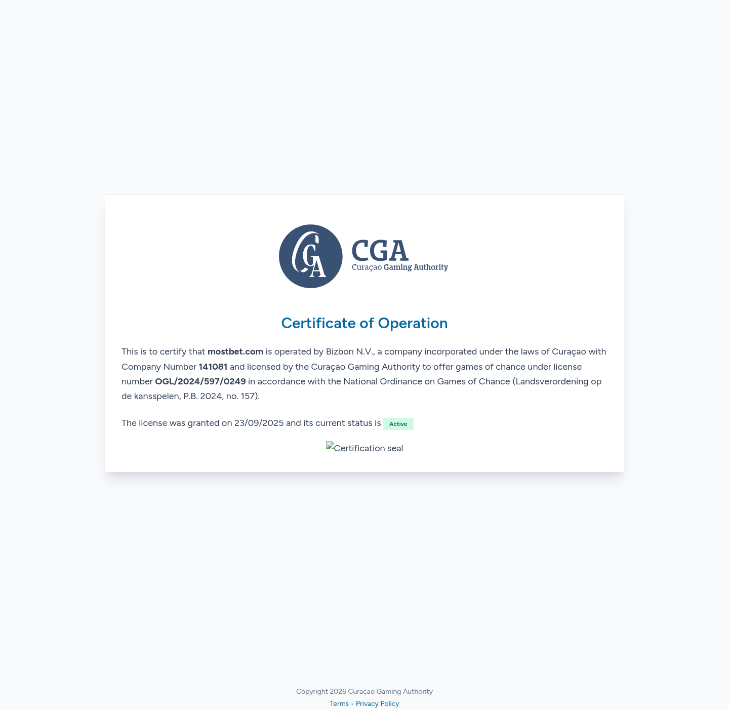Certificat CGA de mostbet.com au nom de Bizbon N.V.