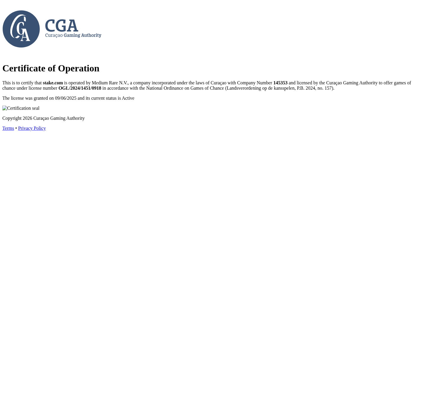 Certificat CGA de stake.com au nom de Medium Rare N.V.